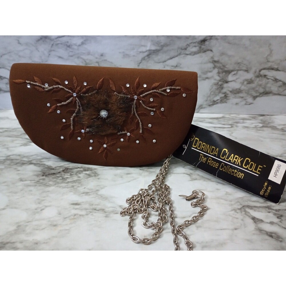 NWT Dorinda Clark Cole The Rose Collection Brown Clutch Crossbody Chain